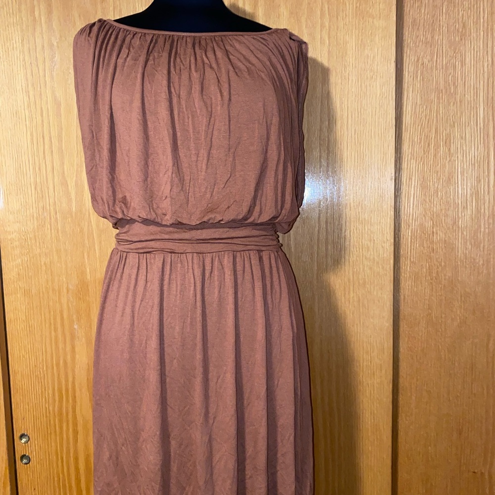 Lush Brown Ruched Maxi Dress with Bateau Neckline